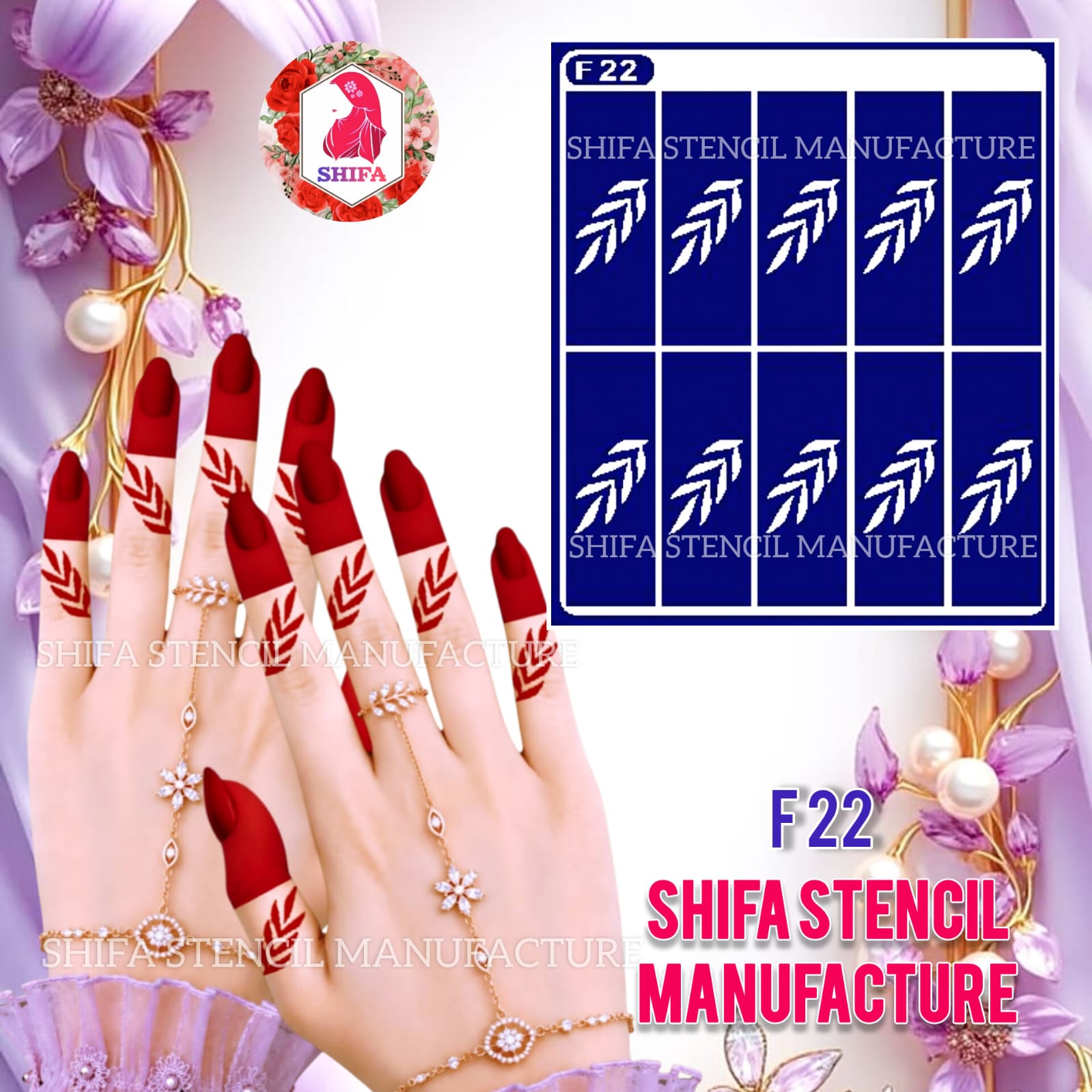 F 22 Bold Leaflet Henna Stencil Sticker Overview Henna Stencil - Shifa Stencil